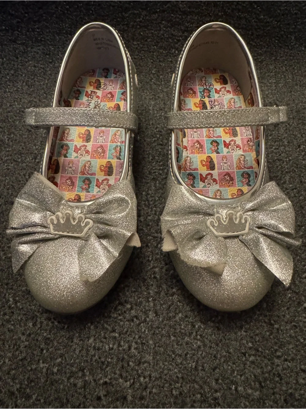 Disney Princess Girls Silver Glitter Mary Jane Heels with Bow & Crown Size 12